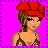Pixel art contact sheet showing three frames of an animated icon featuring a cartoon woman in bikini-style clothing with red headwrap and tied legs, accompanied by text about brunettes versus blondes on bright pink background.