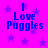 A static image with a bright purple background featuring scattered blue stars and centered text reading "I Love Puggles" in bold blue letters.
