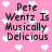 Pink background with white pixelated hearts and black text reading "Pete Wentz Is Musically Delicious" in four identical sections.