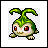 A 4-frame pixel art animation of a green Digimon character with red eyes and leafy head appendages, displayed in a contact sheet layout showing sequential eye expressions from open to closed.