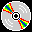 Pixelated circular icon with gray surface, black center, and four rainbow-colored triangular segments rotating clockwise.