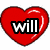Three red heart-shaped icons with white glossy highlights, each containing black-outlined white text: 'will', 'is', and 'hot' in a pixelated font.