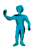 Two blue humanoid figures with raised arms against a gray background, one figure's arm is slightly higher than the other.