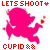 Pixelated pink Cupid figure with heart-shaped projectiles, red text reading 'LETS SHOOT★ SEE HOW HE' above and 'CUPID ✨' below on white background.