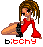 Pixel art contact sheet of a female character in red dress with brown hair, showing six animation frames with pose and text variations on gray background.