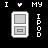 Pixel art icon showing a gray iPod with 'I MY IPOD' text and purple heart above, on black background.
