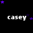 Black background with white text 'casey' repeated in three , purple stars scattered around, and a gray rectangle in the bottom-right corner