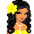 Pixel art icon of a woman in yellow dress with flower, holding cotton candy, next to text asking 'Aren't I Cute?'
