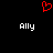 Red pixelated heart symbol above two white 'Ally' text instances on black background.