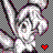 Pixelated icon of a white rabbit-like figure with dark ears and pink accents, holding a red heart symbol against a checkered background.