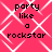 A static image with a bright pink background featuring a white geometric lattice pattern and black text reading "party like a rockstar" in four identical quadrants.