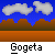 Pixel art animation of a character with spiky yellow hair performing actions under a blue sky with clouds and brown hills, labeled 'Gogeta' beneath each frame.