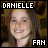 Two side-by-side pixelated images of a smiling person with brown hair, each labeled 'DANIELLE' at top and 'FAN' at bottom, differing only in text color.