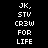 Pixelated text 'JK, STV CR3W FOR LIFE' displayed in four variations across black and blue backgrounds with white lettering.
