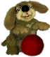 Animated brown dog with long ears holds a red ball, eyes blink and mouth shifts between frames.