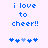 Blue pixelated text 'i love to cheer!!' on light purple background with blue and light-blue heart symbols below.