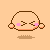Pixelated character with rounded head, pink cheeks, and closed eyes in various poses with floating bubbles on peach background.