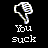 Pixelated thumbs-down icon with 'You suck' text on black background, white and blue pixels forming the design.