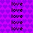 Purple background with repeating heart pattern and multiple black 'love' text instances