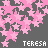 A static image of a pattern with pink stars on dark gray background and repeated text "TERESA" in white pixelated font