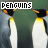 Animated sequence of penguins with changing text above them, each frame showing a different letter highlighted in yellow within the word "PENGUINS".