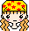 Pixel art avatar with yellow headscarf patterned with red stars, light brown hair, pink cheeks, and gray clothing.