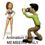 Animated sequence showing a man photographing a woman in a bikini, with the woman's appearance changing across frames.