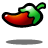 Pixelated chili pepper icon with red body, green stem, and black outline on white background.