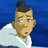 Pixelated cartoon character with topknot hair and light blue eyes, wearing white clothing against a solid blue background.