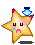 Pixelated star-shaped character with pink cheeks, black eyes, and a downturned mouth; blue gem on head; gray background.
