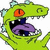 Pixelated green dinosaur head with orange eye, open mouth showing teeth and purple tongue, light blue spikes on top.