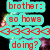 Animated sequence showing red text in cyan boxes over a blurred background with repeated '333' symbols and dialogue about a brother teasing.