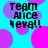 Pixelated text 'Team Alice Hega!!' on a cyan background with overlapping pink and purple circles.