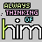 Animated contact sheet of 18 frames showing a pixelated text animation with "ALWAYS THINKING OF him" in varying color schemes and small visual changes across frames.