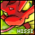 Red cartoon dragon with yellow eyes and green background, labeled 'HISSI' in white text on a green banner.