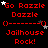 Red text on black background with white and gray stars moving across the scene, displaying 'Go Pazzle Dazzle' above 'Jailhouse Rock!' in a