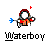 Pixel art of a character in a red helmet and orange vest holding a blue propeller and red flag, with 'Waterboy' text below.