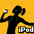 Six distinct silhouettes of a person with earphones holding an iPod, each on a solid-colored background with "iPod" text below.