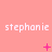 A static image with a solid pink background displaying the name "stephanie" repeated three times in white pixelated text across each , accompanied by small pink symbols below each instance