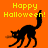 Pixelated black cat silhouette on orange background with yellow 'Happy Halloween!' text, three distinct poses showing movement.