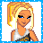 Pixel art buddy icon featuring a blonde cartoon woman on the left and three stacked "Me" texts on the right, bordered by blue dotted frame.