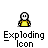 Animated contact sheet showing 11 sequential frames of a pixel-art buddy icon explosion sequence with a gray background and repeated "Exploding Icon" text labels.