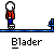 Pixelated animation of a figure in red shirt and blue pants performing rollerblading actions on a gray background with blue bench props.