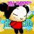 Animated contact sheet of a cartoon character in red outfit with black hair, showing five sequential poses against a yellow and blue background.