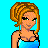 Pixelated character with blonde hair in a blue top, partial torso and legs in sparkly pants, against bright cyan background with purple text.
