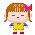 Pixel art of a girl with brown hair and pink bow in two poses: one standing still, the other winking with mouth open.