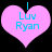 Two identical pink heart-shaped icons with blue text reading "Luv Ryan" and a small blue vertical line above the text, set against a black background.