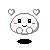 Pixelated white circular character with black eyes, red cheeks, and heart-shaped ears in multiple expressions including smiling, blushing, and winking.