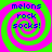 Four identical pixelated spiral patterns with green and pink concentric rings, each containing blue text reading 'melons rock socks!' in a retro digital font.