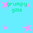 Pixelated cyan background with pink star shapes and green text reading 'grumpy gills' repeated across the image.